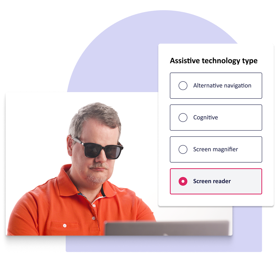 Real-people-reflect-real-users-martin A man wearing dark sunglasses and an orange polo shirt is using a laptop. A selection menu titled "Assistive technology type" appears beside him, with the option "Screen reader" selected.
