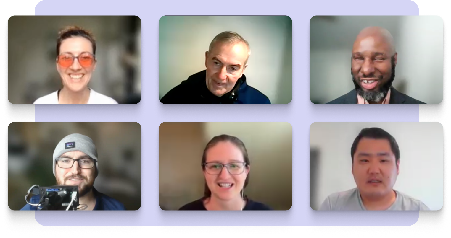 Grid of six people, each in their own video frame, smiling at their cameras.