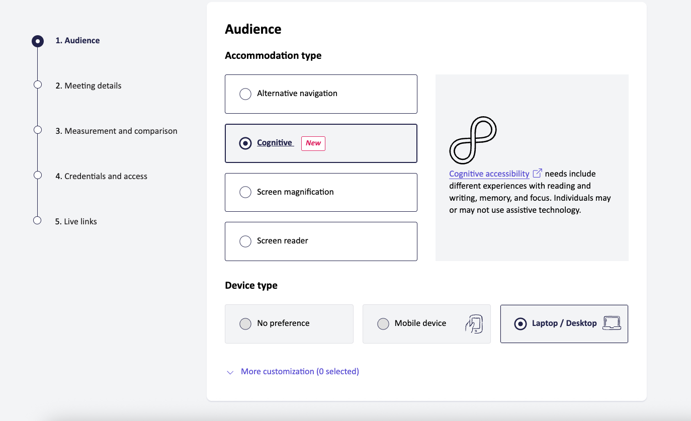 Screenshot of the Fable Engage interface, showing the audience selection section of the request creation flow. Cognitive is selected as the accommodation type and Laptop / Desktop is selected as the device type.