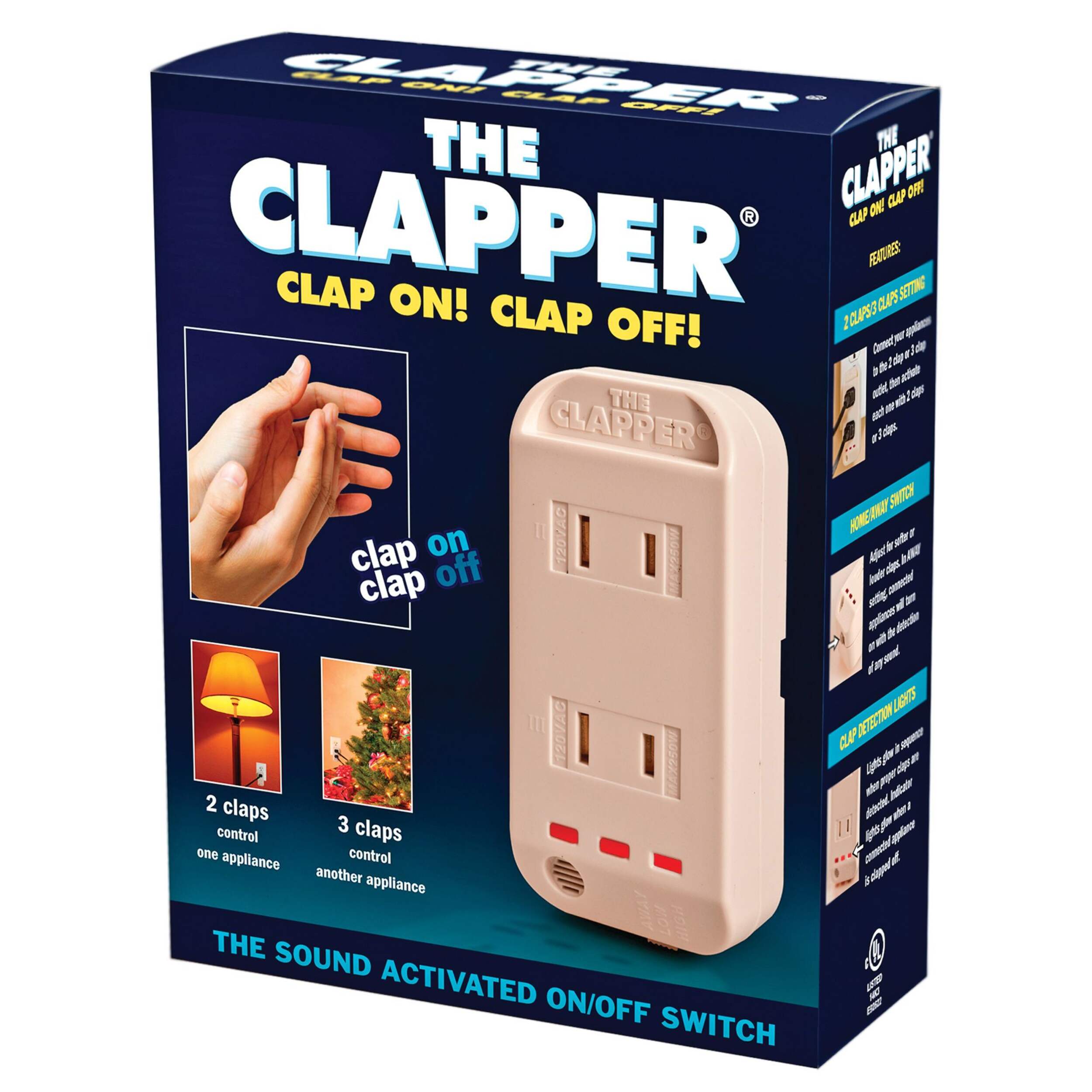 Product box for The Clapper, a sound-activated on/off switch device. The box features an image of the product with two electrical outlets and red indicator lights. Text on the packaging explains that clapping twice controls one appliance and clapping three times controls another.