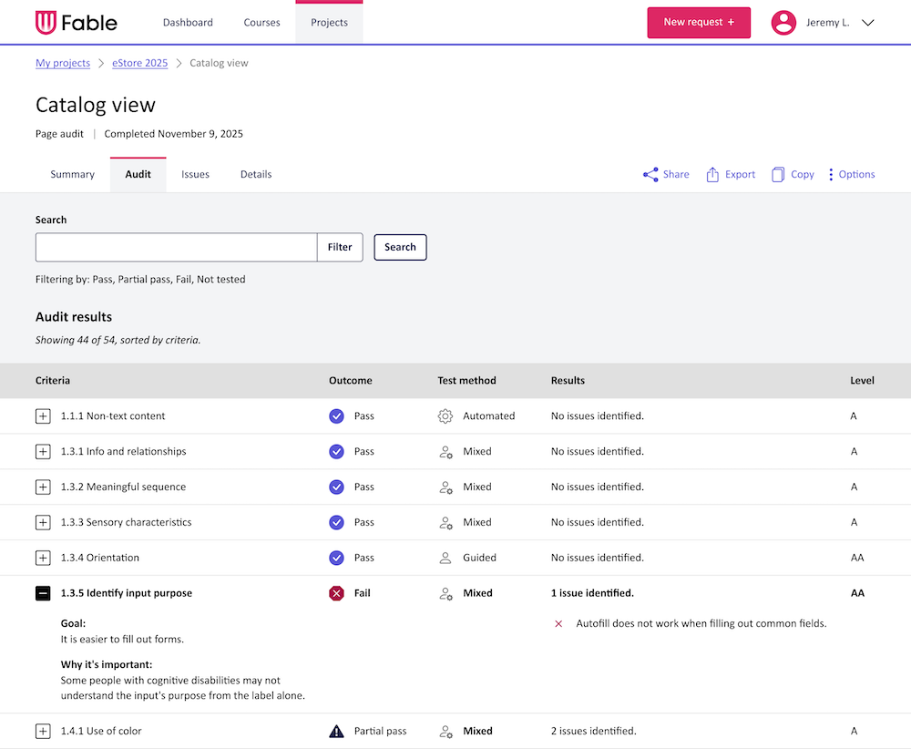 Fable Engage interface showing results of a Page Audit. The results are shown in a table consisting of the WCAG criteria, audit outcomes, test methods, and results. Most criteria are marked as pass, but the WCAG criteria “Identify input purpose” is marked as Failed.