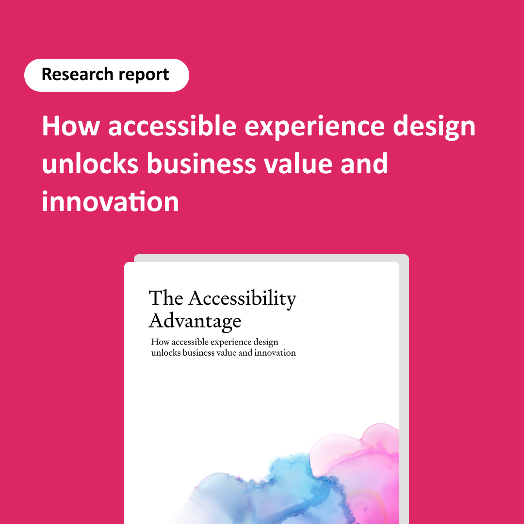 Pink thumbnail image that says "Research report. How accessible experience design unlocks business value and innovation" with a graphic of the front page of the Fable Design Executive Council report.