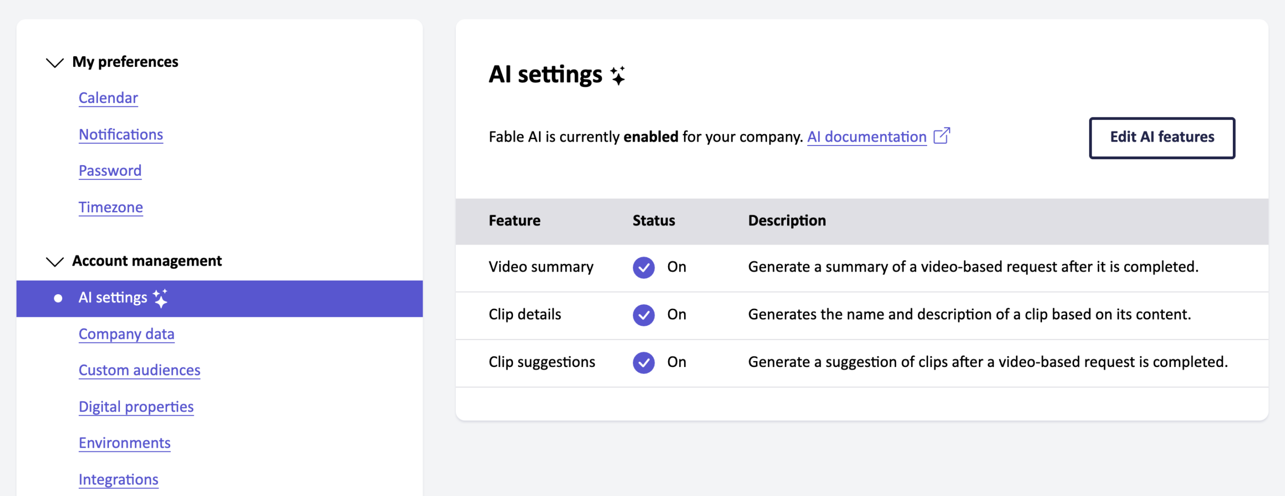 Screenshot of the AI settings page in Fable with Fable AI enabled. There is a button to “Edit AI features”.