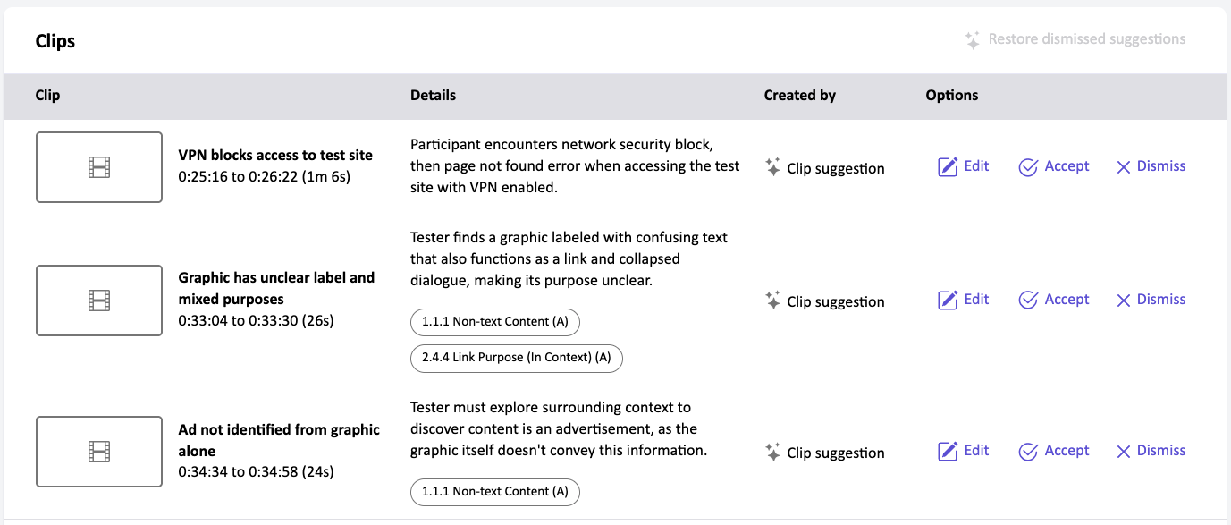 Screenshot of the Clips table in the Fable platform with 3 suggested clips available, some of which have WCAG success criteria tagged to them. Each clip suggestion has the option to edit, accept, or dismiss.