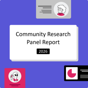 Cover page for a “Community Research Panel Report” with the year 2026 displayed beneath the title. The design features a blue background, a large central report card, and illustrated profile and analytics cards positioned around it.