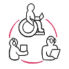 Circular workflow diagram showing three people connected by arrows: a wheelchair user using a laptop at the top, a person holding a smartphone at the lower left, and a person using a hearing device at the lower right, indicating an inclusive collaborative or communication process.