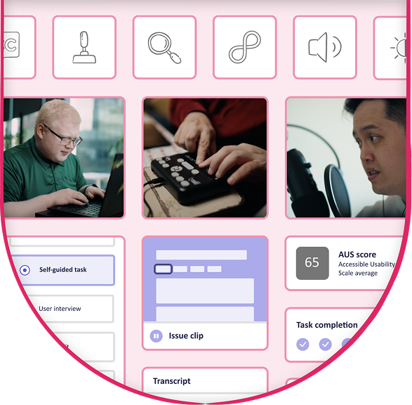Fable Accessibility Research Platform Website Hero Accessibility research platform dashboard showing assistive technology options, usability metrics, and task results