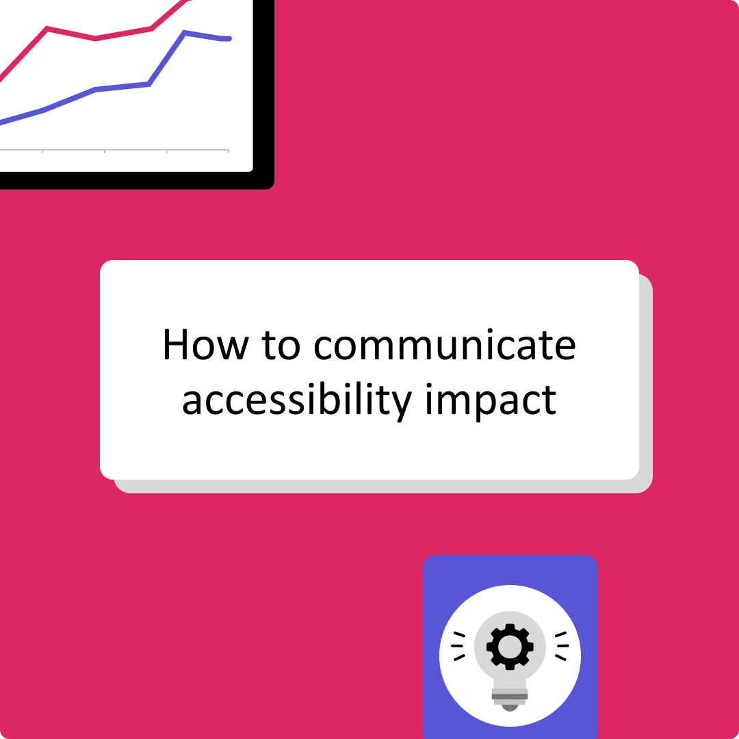 Graphic with a bright pink background featuring a white card that reads “How to communicate accessibility impact.” A partial line chart appears in the upper left, and an icon of a light bulb with a gear inside is shown in the lower right, suggesting ideas, analysis, or strategy